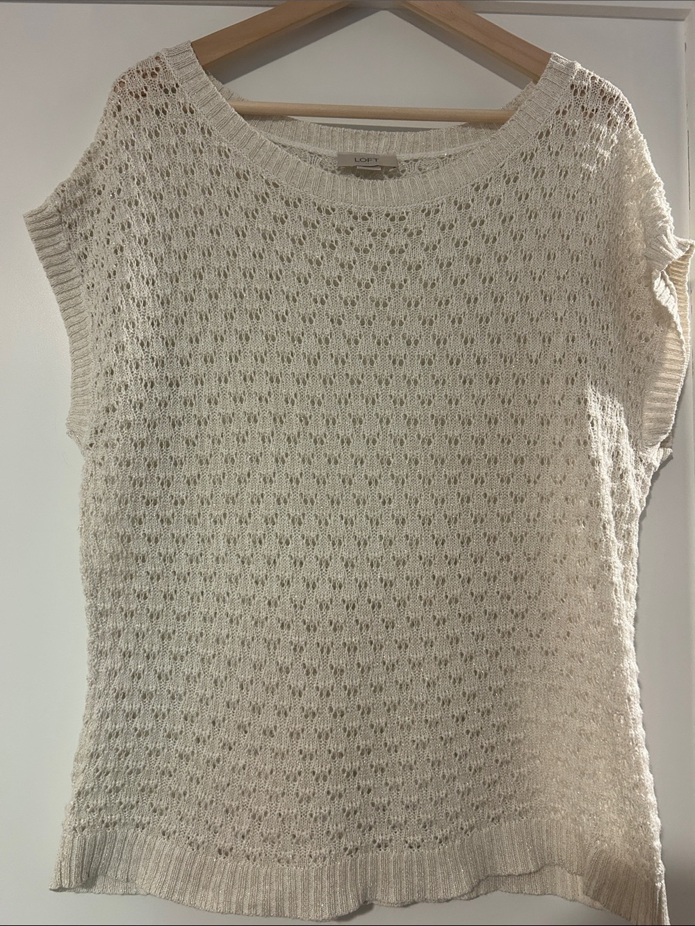 LOFT Cream Openwork Knit Sleeveless Crewneck Sweater